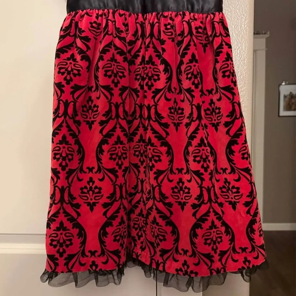 Girls Hanna Andersson Red Velvet Black Brocade Dress‎ Lace Trim-Size 120cm (6/7)
